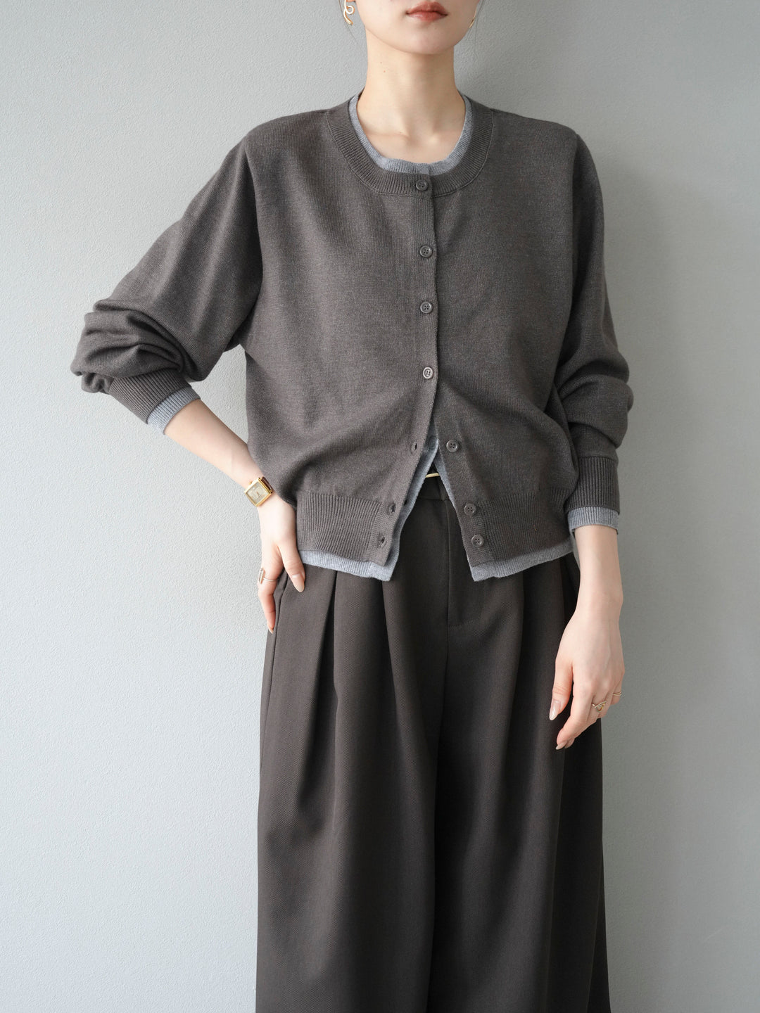 【SET】同色系疊穿開襟衫+雙褶寬褲（2件組）