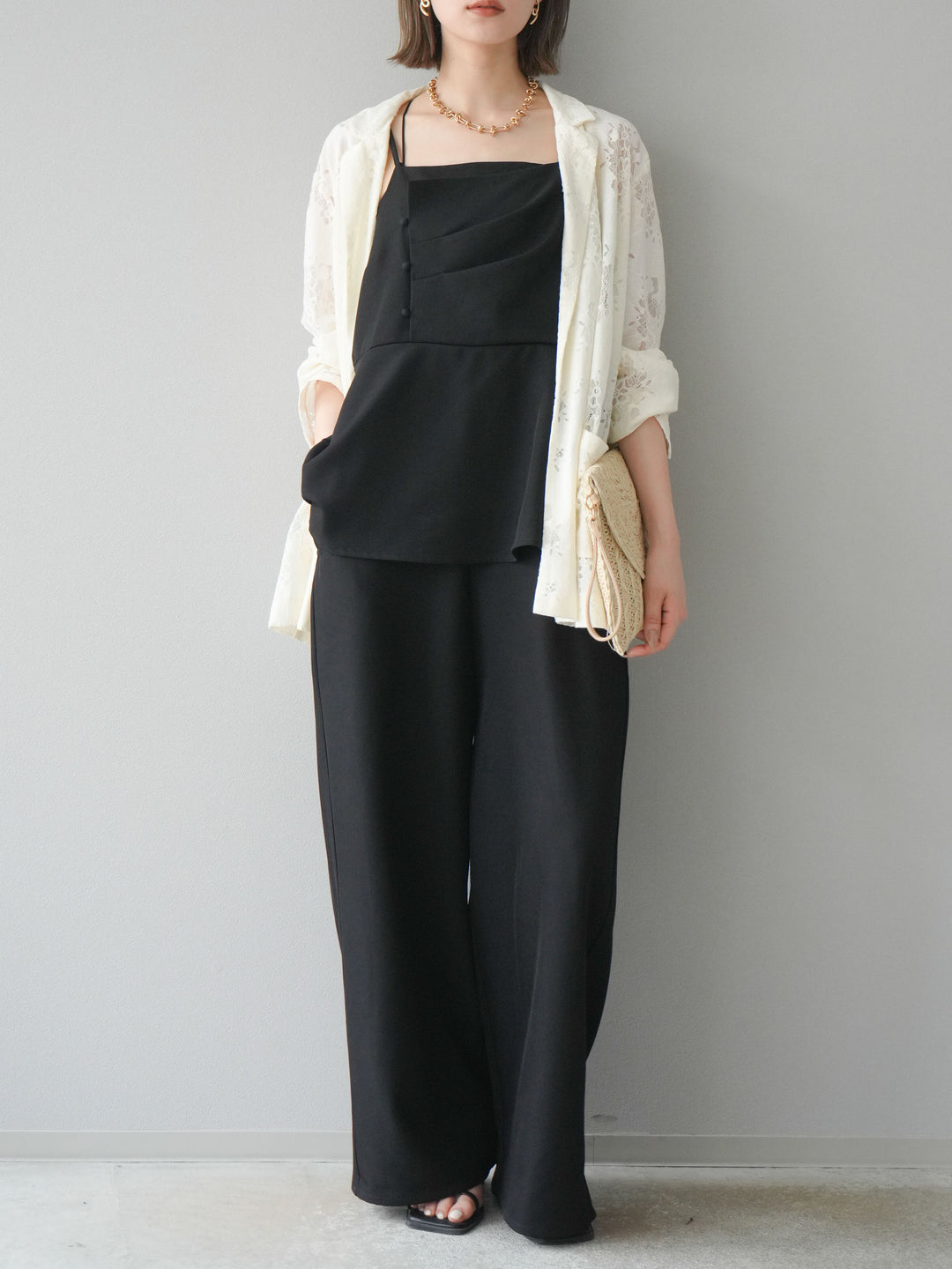 [預購] 亞麻觸感多層吊帶連身衣/黑色