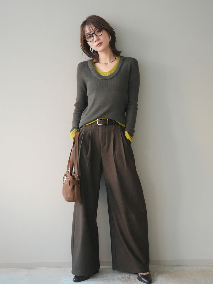 [SET]Uネック配色レイヤードリブニットトップス+アニマル柄ベルト付きウールタッチワイドパンツ(2set)