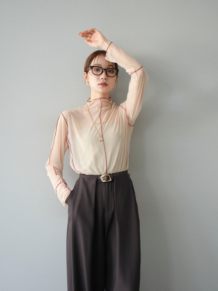 [予約]シアーパイピングカットソー/グレージュ×レッド