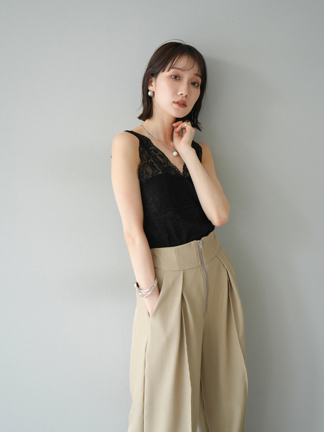 [予約]カップ付レースタンクトップ/ ブラック