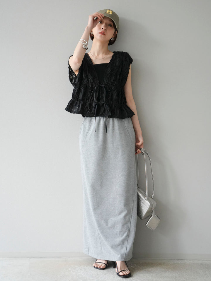[SET]ジャガードレースリボントップス+スウェットロングスカート(2set)
