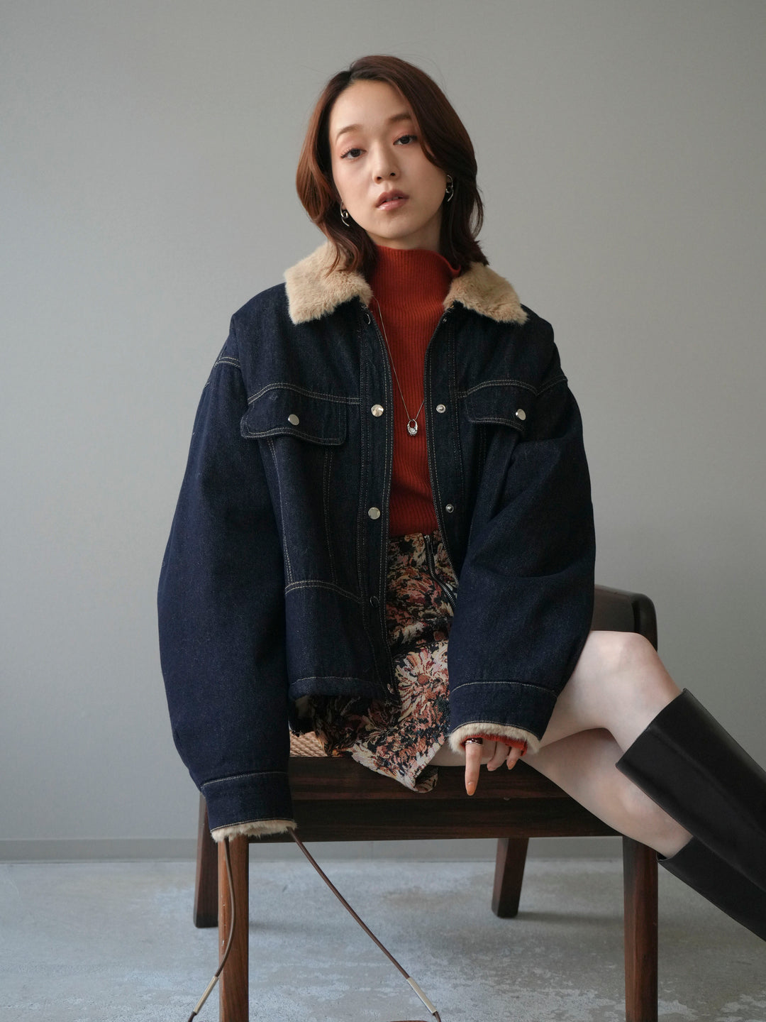 [予約]デニム×ファーステンカラーショートジャケット/indigo