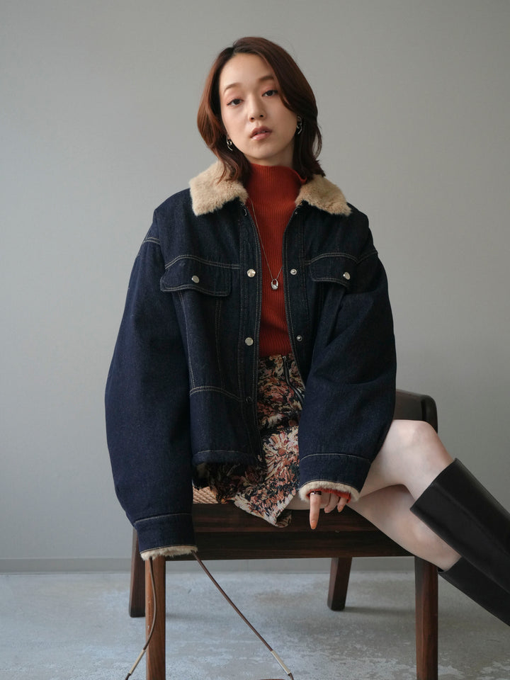 [予約]デニム×ファーステンカラーショートジャケット/indigo