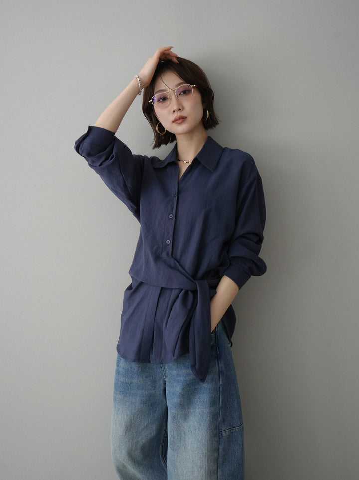 [SET]フロントアシンメトリーブラウス+アシメデザインワイドデニムパンツ(2set)