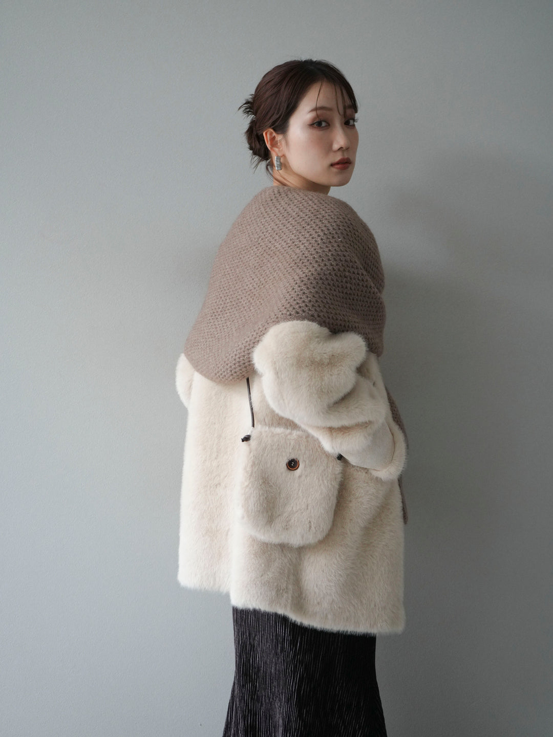 [予約]バッグ付エコファーノーカラーコート/beige