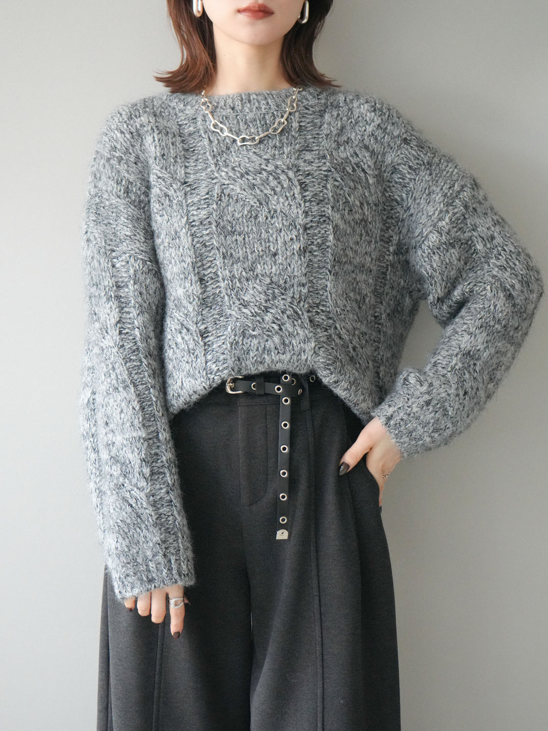 [予約]ワイドケーブルミックスニットプルオーバー/gray