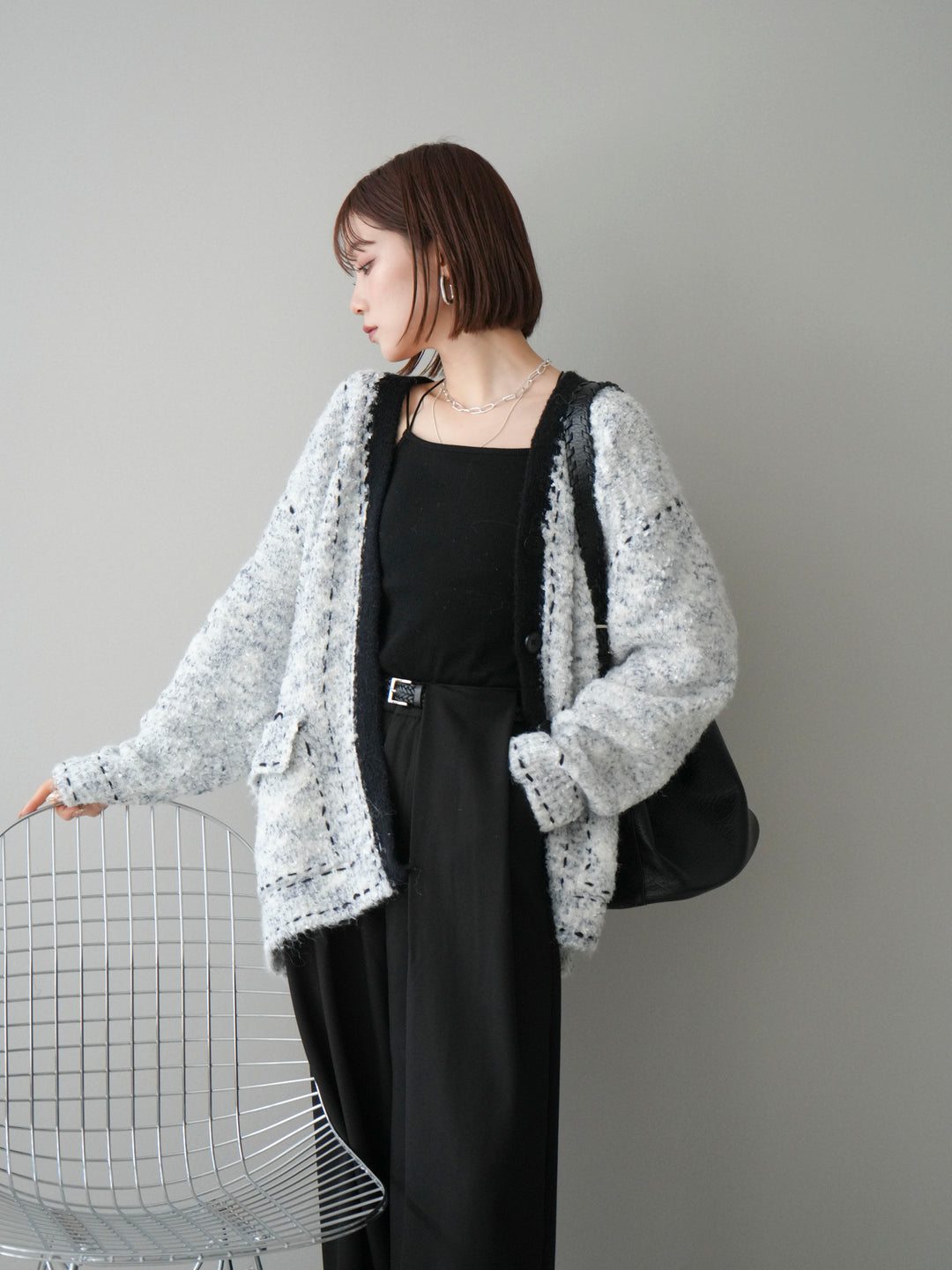 [SET]ブークレハンドステッチニットカーディガン+ベルトループデザインワイドパンツ(2set)