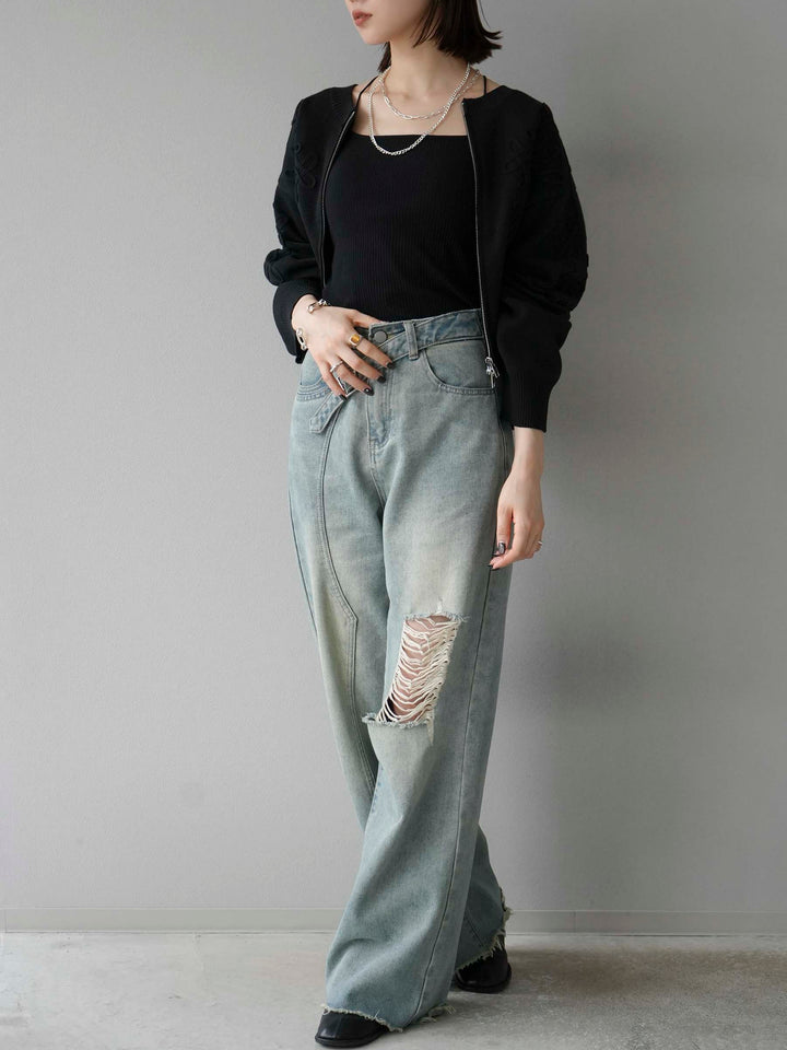 [SET]コード刺繍コットンニットジップカーディガン+ダブルストラップカットリブブラキャミソール+ベルトアシンメトリーダメージデニム(3set)