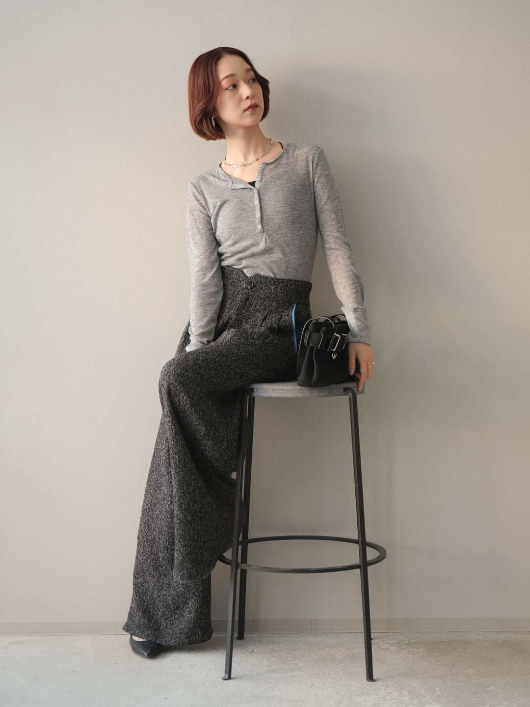 [予約]シアーリブヘンリーネックロンT/gray