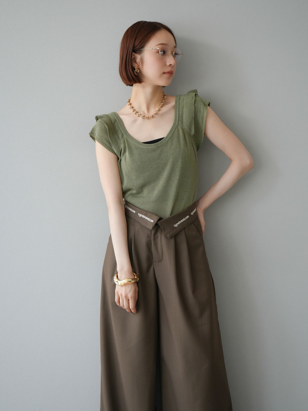 [予約]リネンタッチフリルニットタンクトップ/カーキ