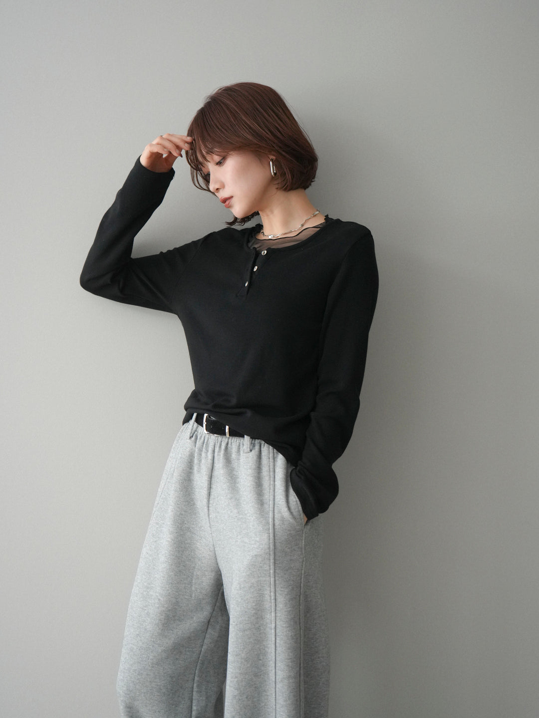 [予約]チュールレイヤードヘンリーネックカットソー/black