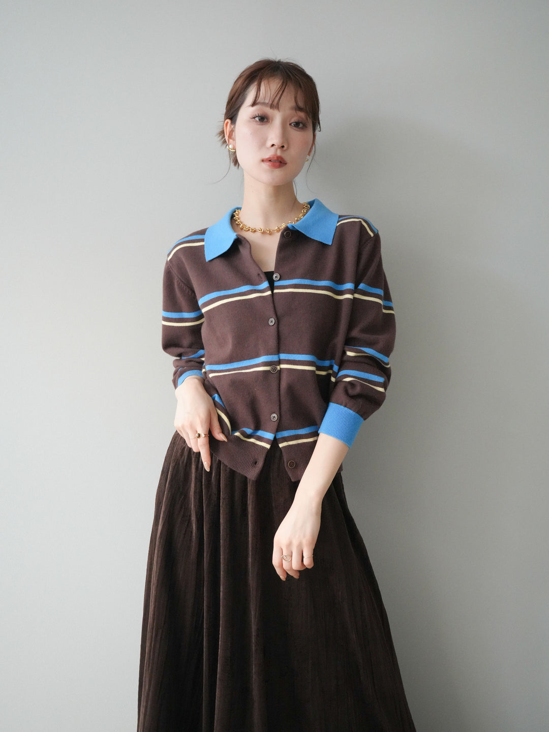 [予約]配色マルチボーダーポロニットカーディガン/brown