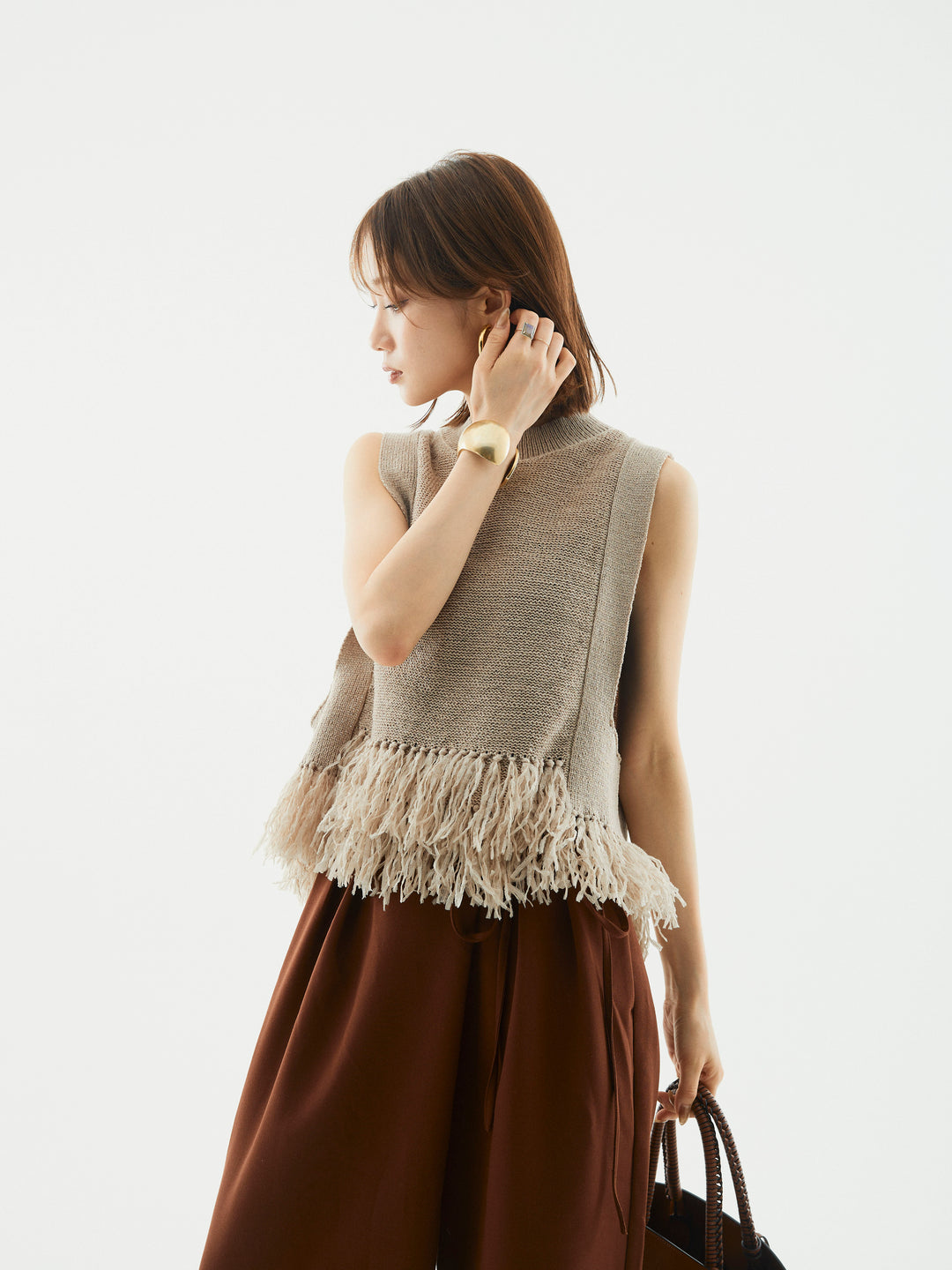 【Allure】[SET]フェザーヤーンニットベスト+ラップデザインタックワイドパンツ(2set)