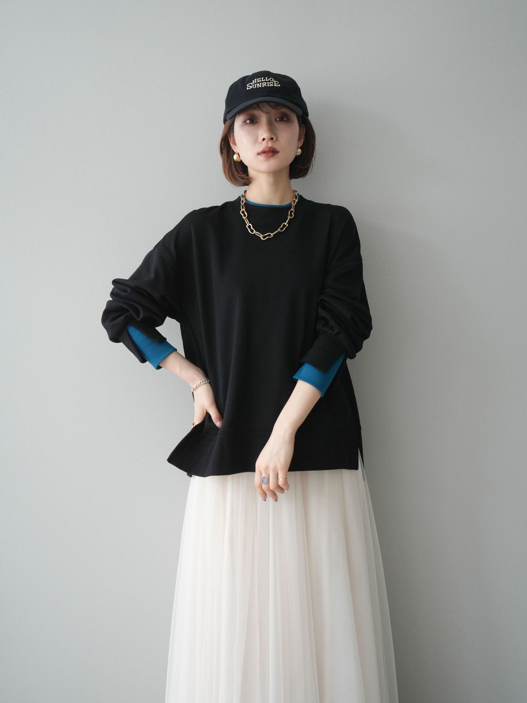 [予約]配色レイヤードデザインスエットプルオーバー/black