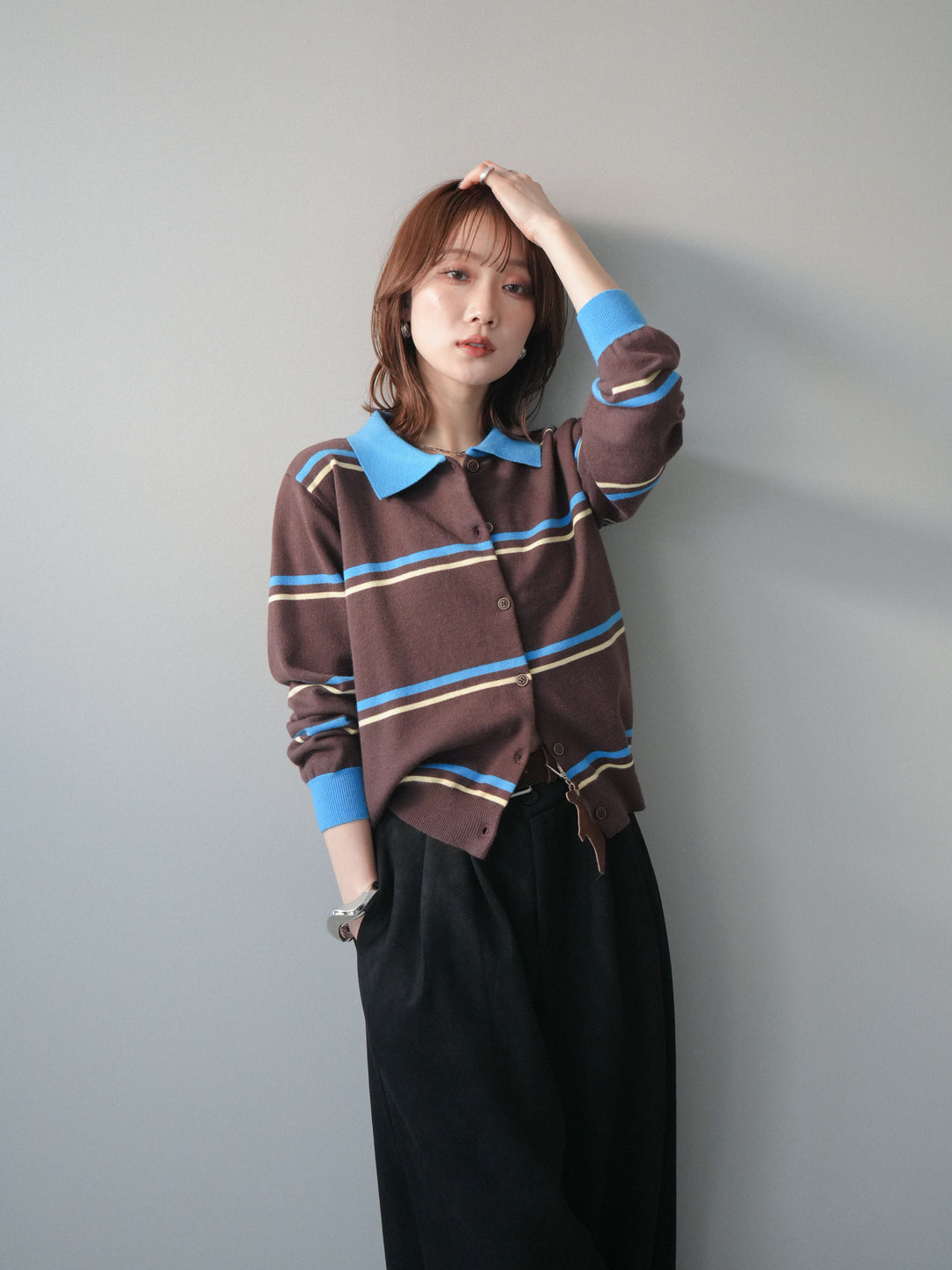[予約]配色マルチボーダーポロニットカーディガン/brown