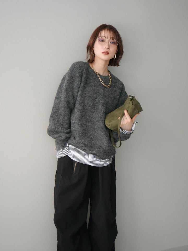 [予約]裾シャツレイヤードダメージニットプルオーバー/darkgrey