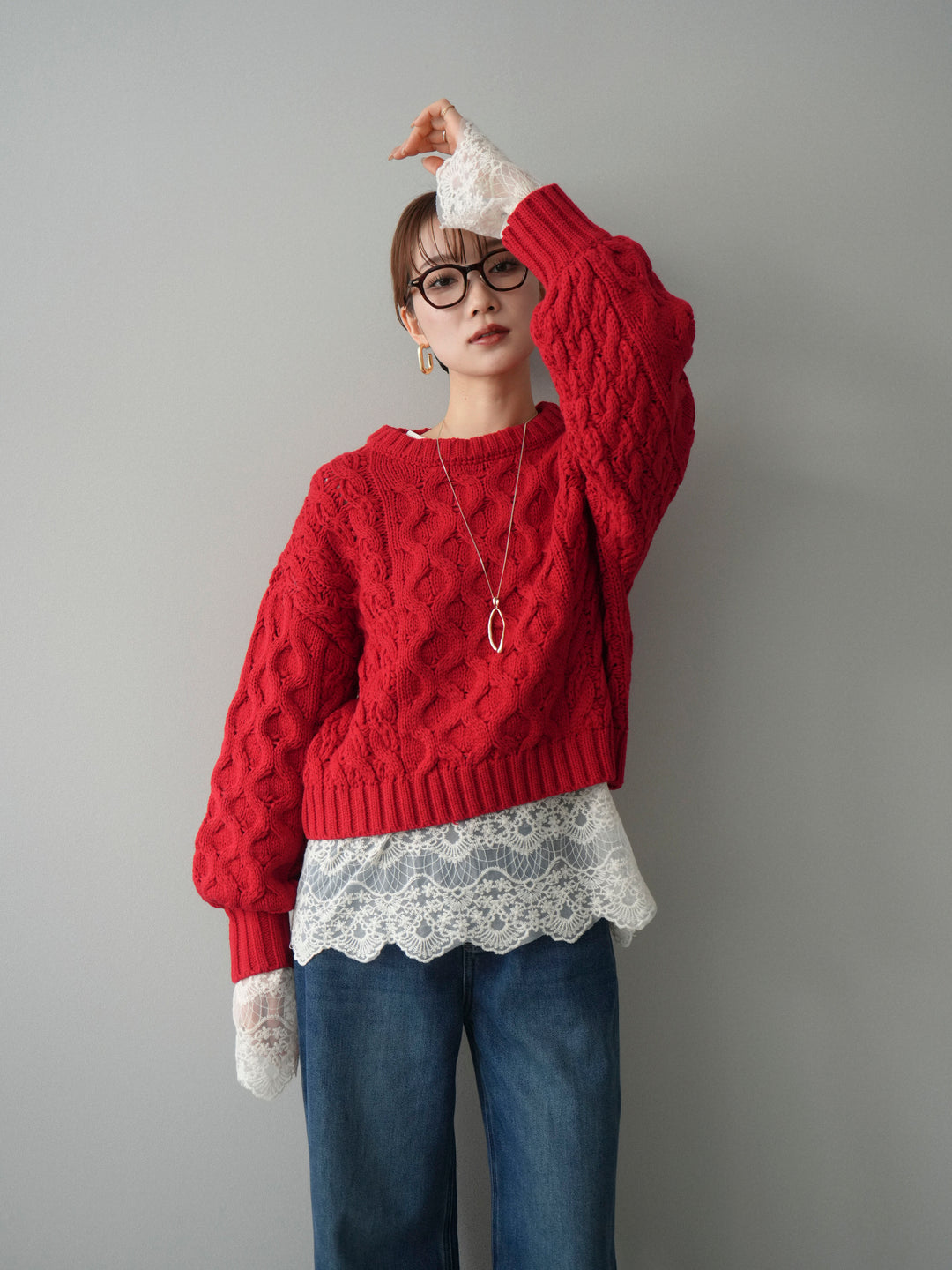 【着回しセット】[SET]バルキーケーブルクロップドニットプルオーバー+アンゴラタッチクルーネックニットプルオーバー+チュールレーストップス(3set)