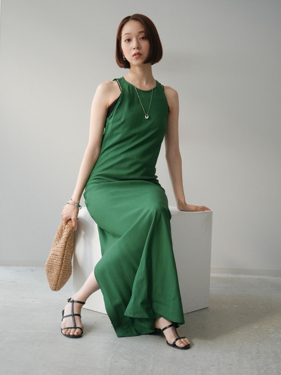 [予約]リネンタッチノースリーブワンピース/グリーン