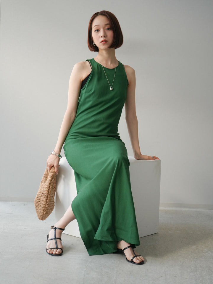 [予約]リネンタッチノースリーブワンピース/グリーン