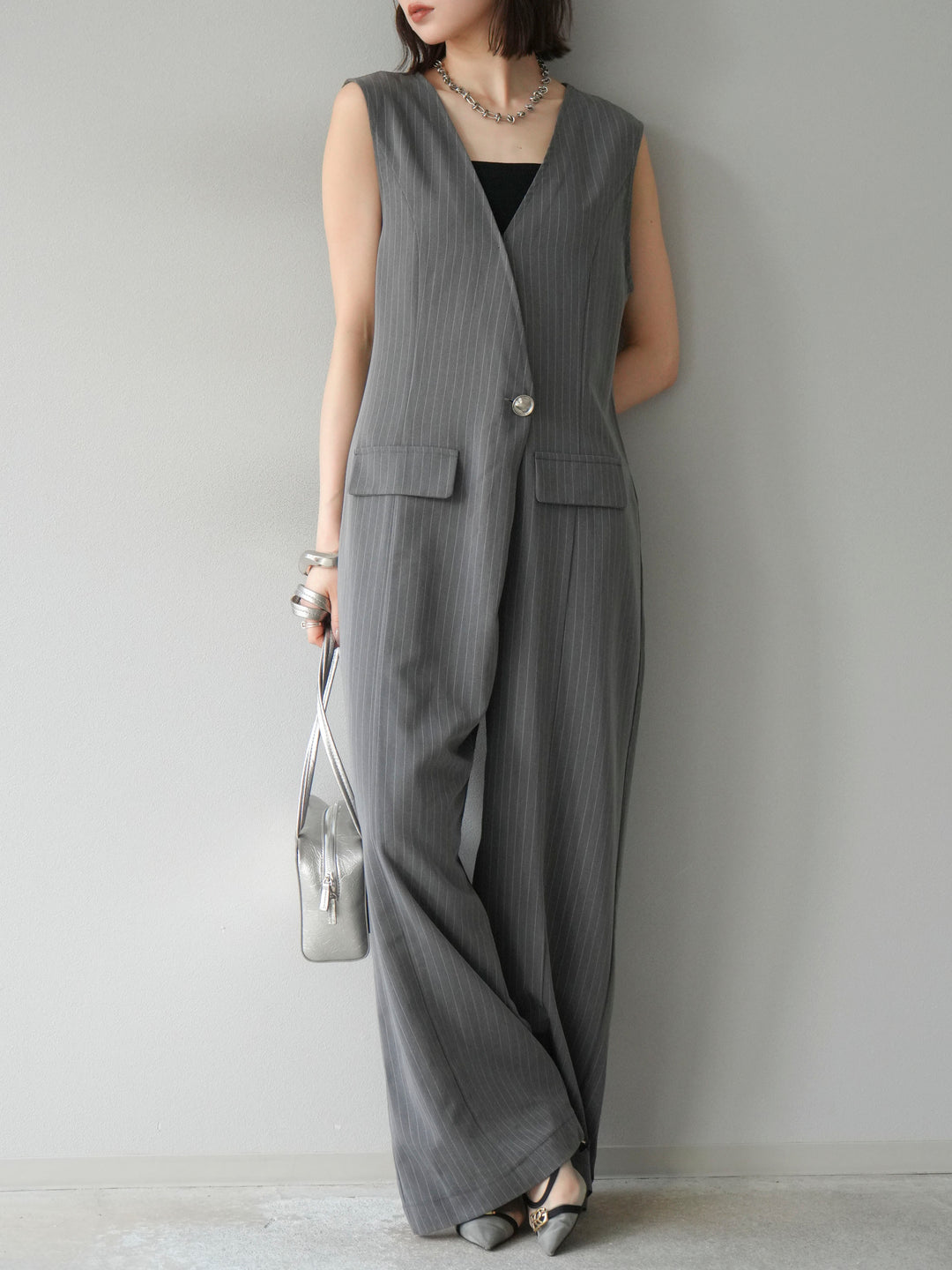 [予約]ストライプラップデザインオールインワン/グレー