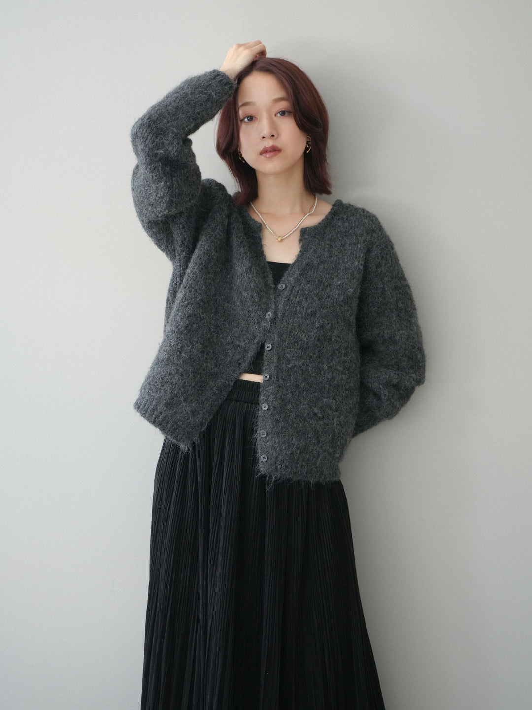 [予約]キーネックシャギーニットカーディガン/gray