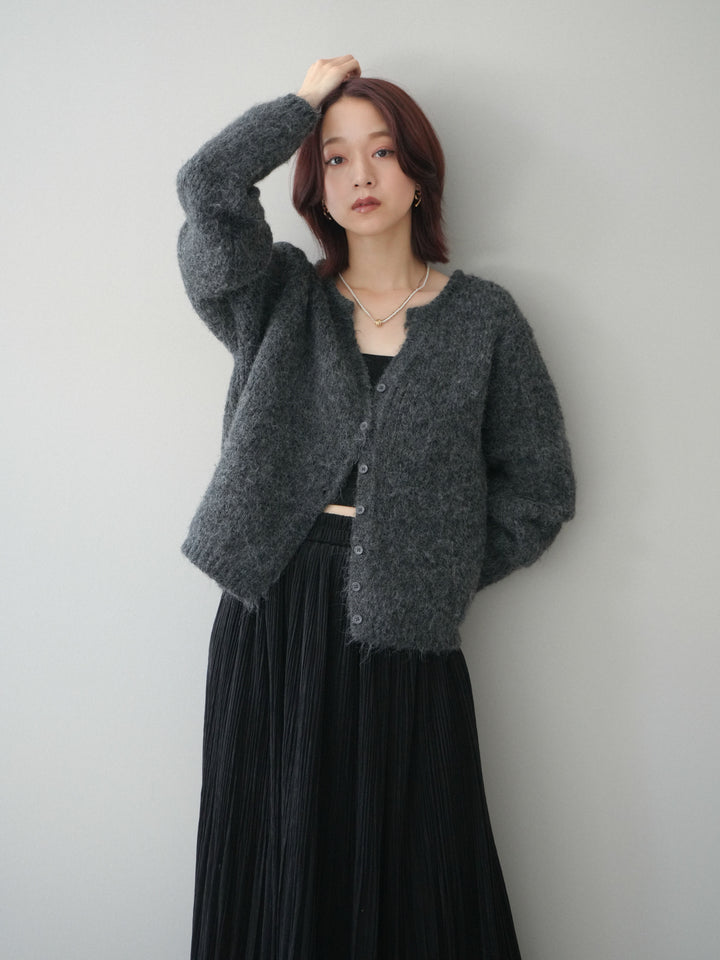 [予約]キーネックシャギーニットカーディガン/gray