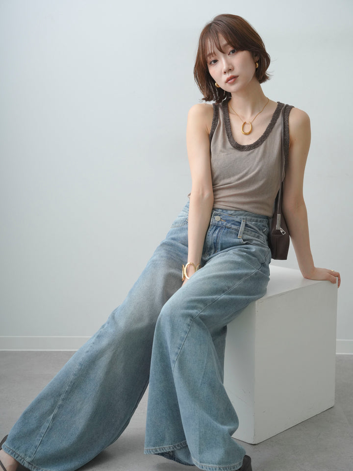 [SET]バックレースタンクトップ+アシンメトリーウエストワイドデニム(2set)