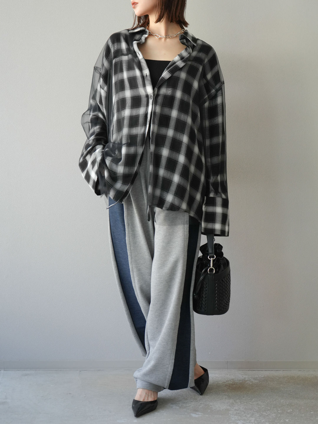 [套裝] 薄紗對接格紋寬鬆襯衫 + 牛仔布 Switch 2-Way 設計運動褲 (2 套)