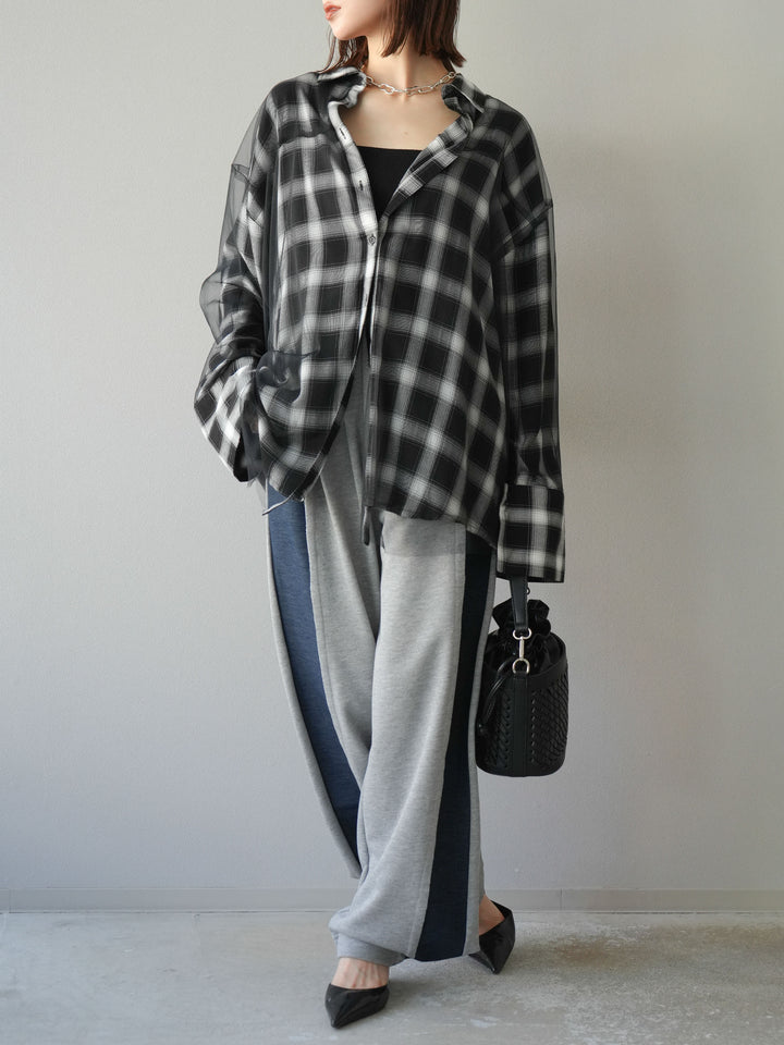 [套裝] 薄紗對接格紋寬鬆襯衫 + 牛仔布 Switch 2-Way 設計運動褲 (2 套)