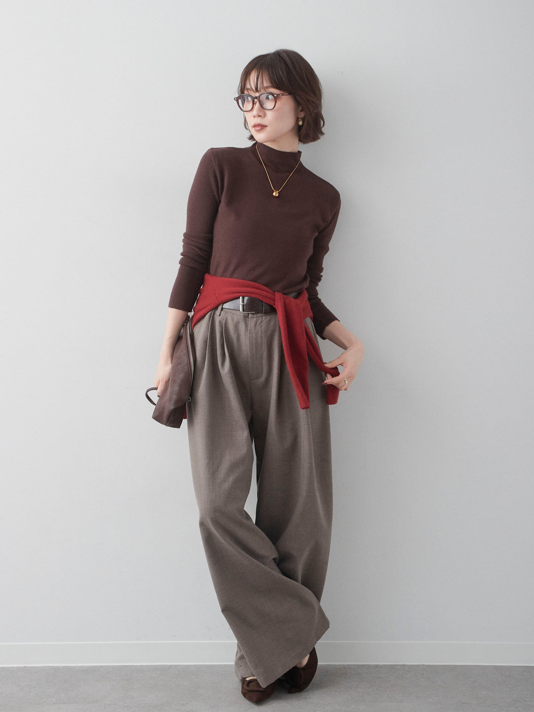 [予約]モックネックリブスリムニットトップス/brown
