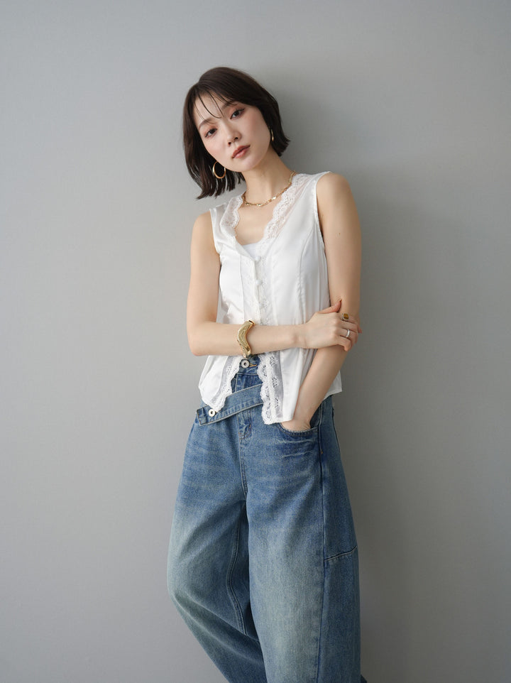 [予約]ノースリサテンレースキャミソール/white