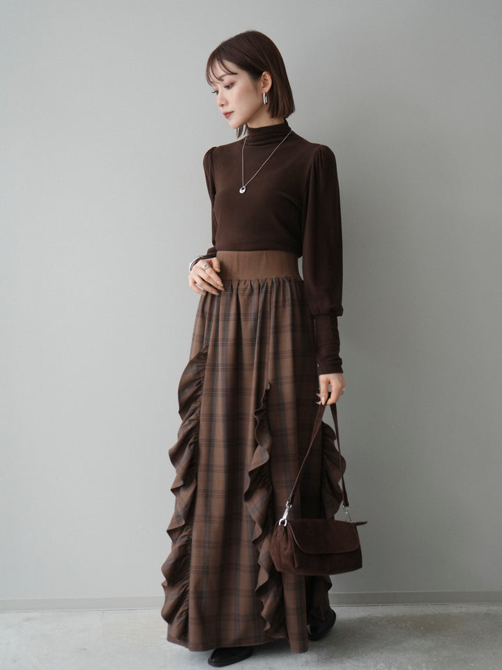 [SET]プチネックパワーショルダー起毛トップス+チェック柄フリルハイウエストマキシスカート(2set)