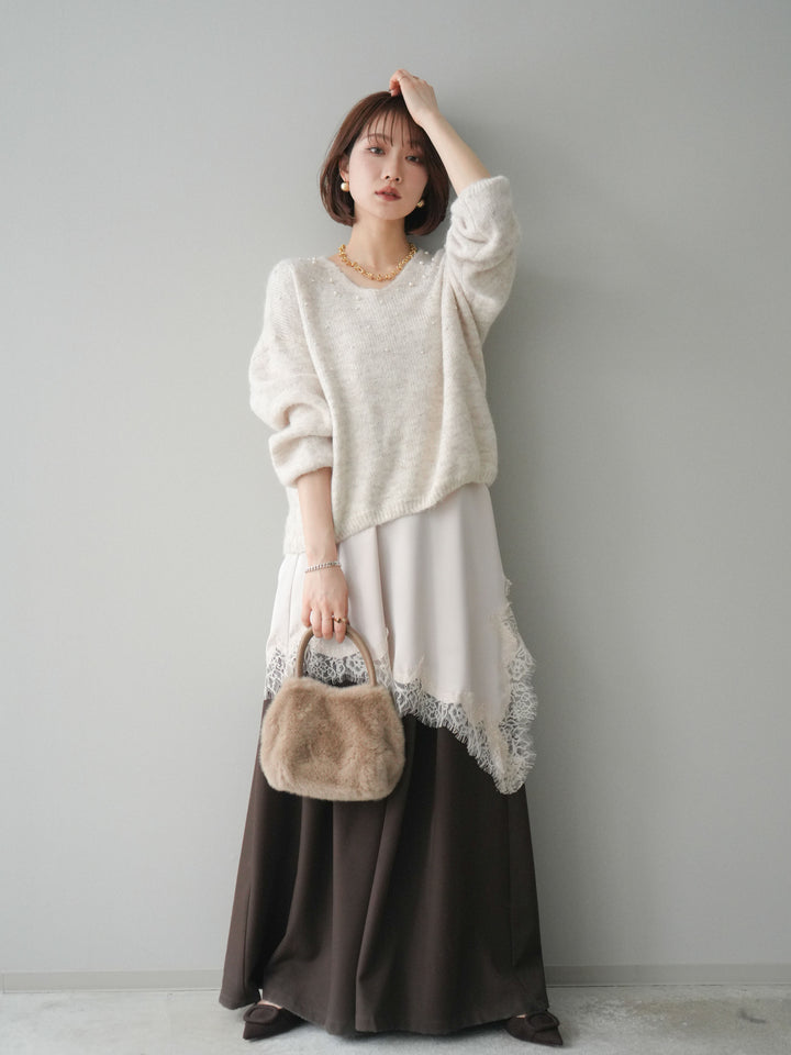 [SET]パール×ビジューVネックニットプルオーバー+アシンメトリーサテンレースキャミソール+テープベルトタックバギーパンツ(3set)