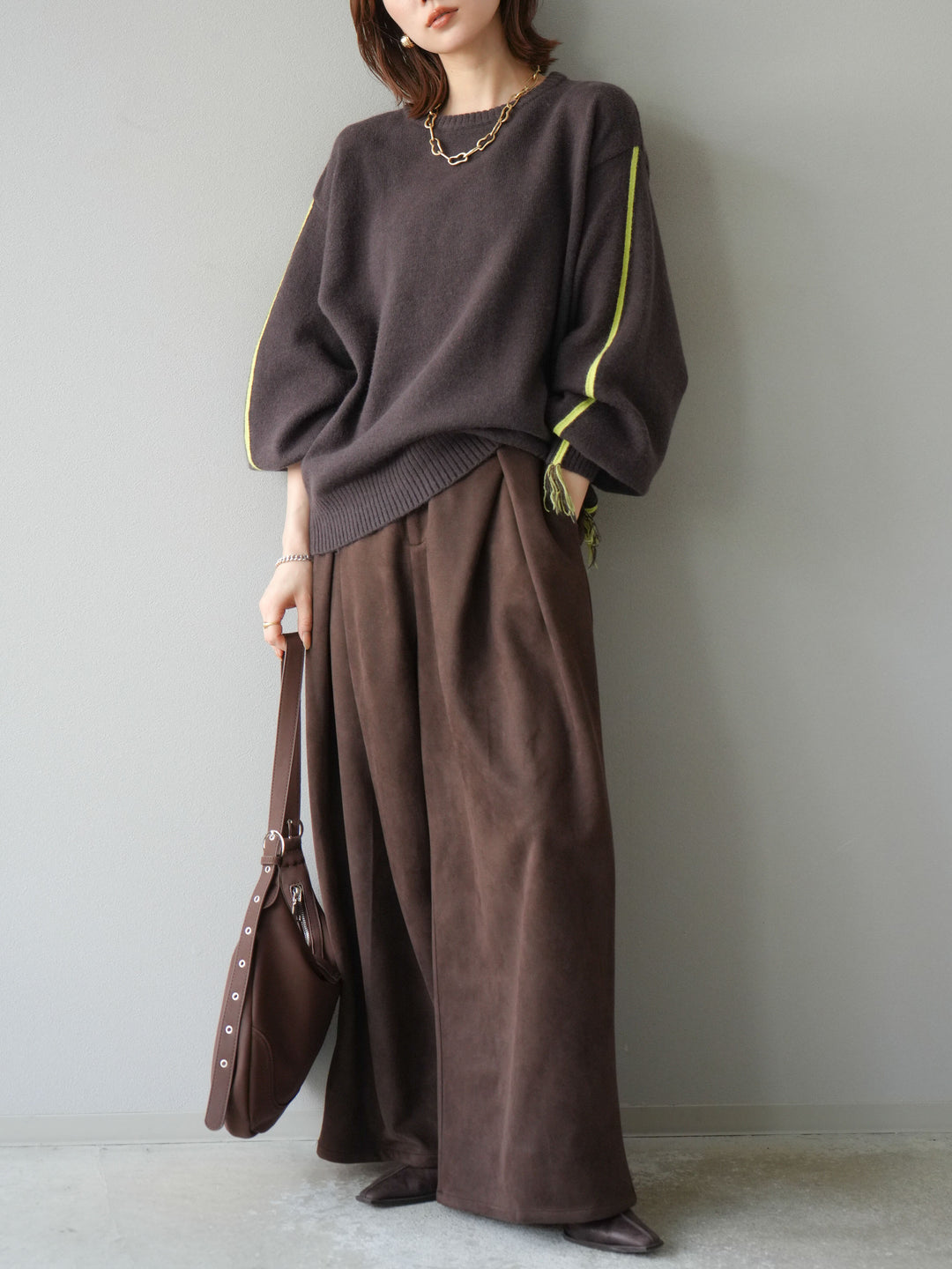 [SET]配色ステッチフリンジニットプルオーバー +スウェードタックワイドパンツ(2set)