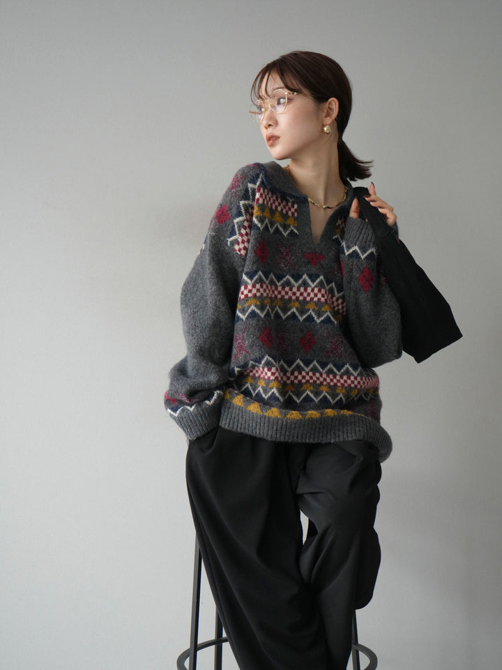 [予約]ノルディック柄ポロニットプルオーバー/チャコール