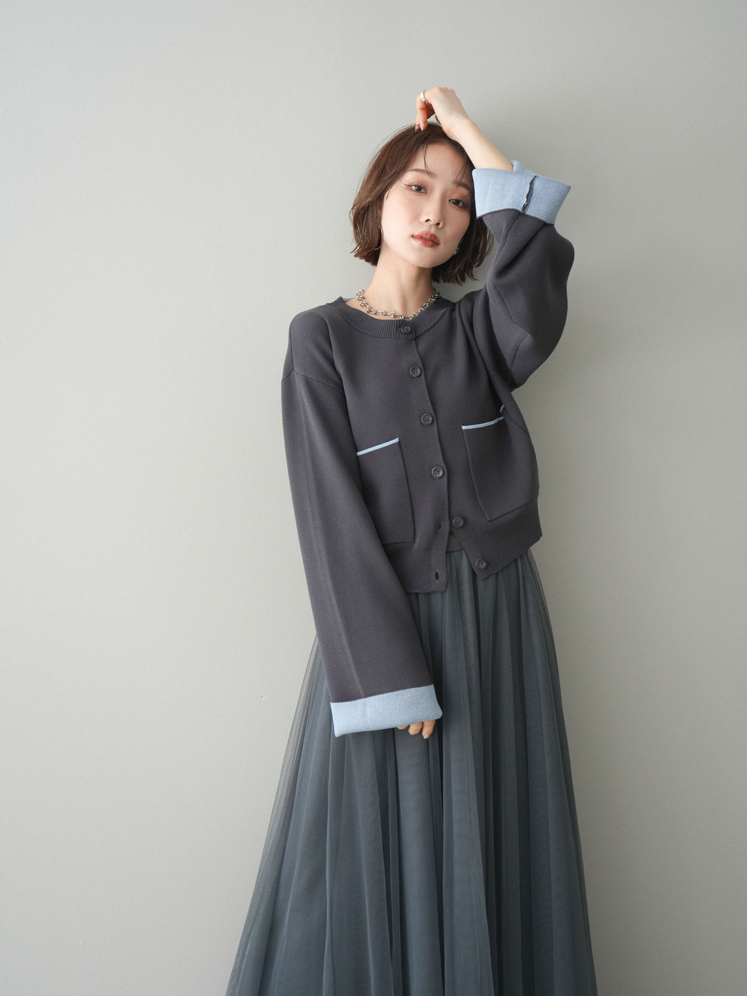 [予約]レーヨンポリダブルフェイスニットカーディガン/charcoal