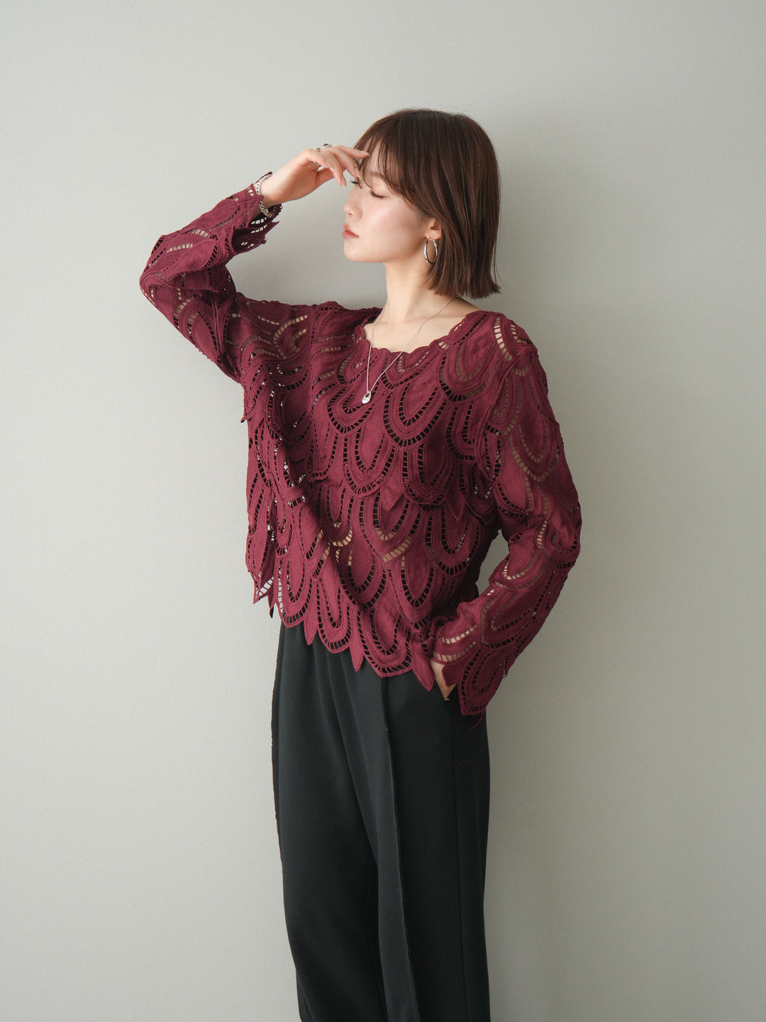 [予約]透かしコードレースブラウス/bordeaux