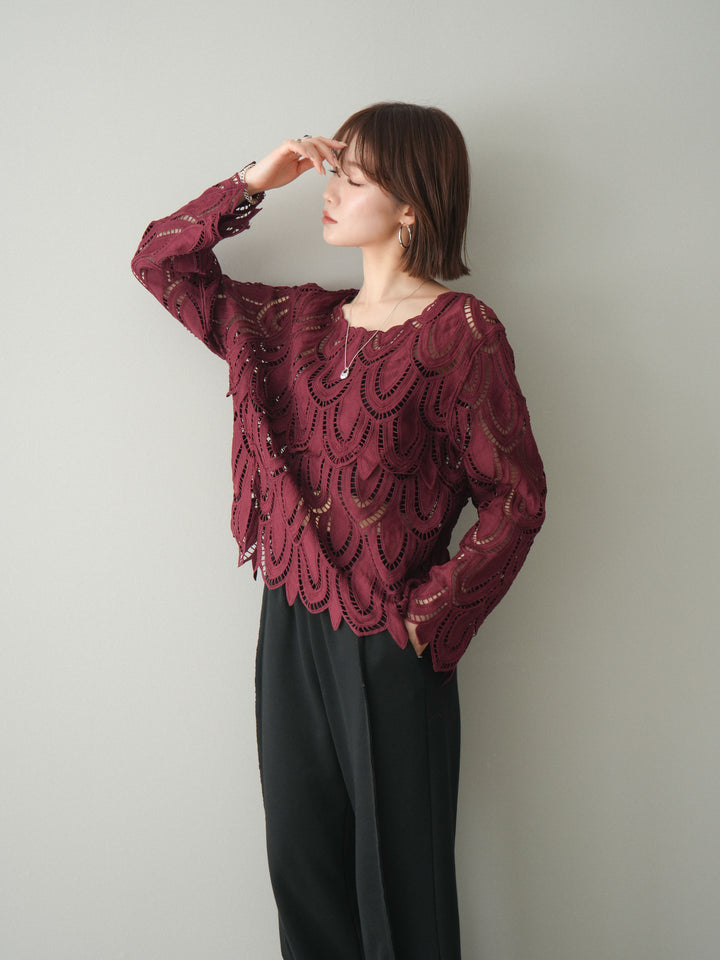 [予約]透かしコードレースブラウス/bordeaux