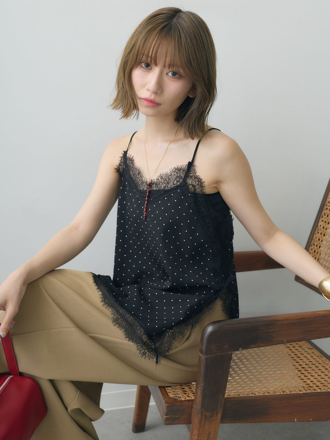 [SET]ジョーゼットドットレースキャミソール+クレープデシンタックワイドパンツ(2set)