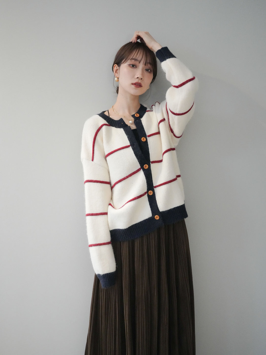[予約]配色ボーダーニットカーディガン/red