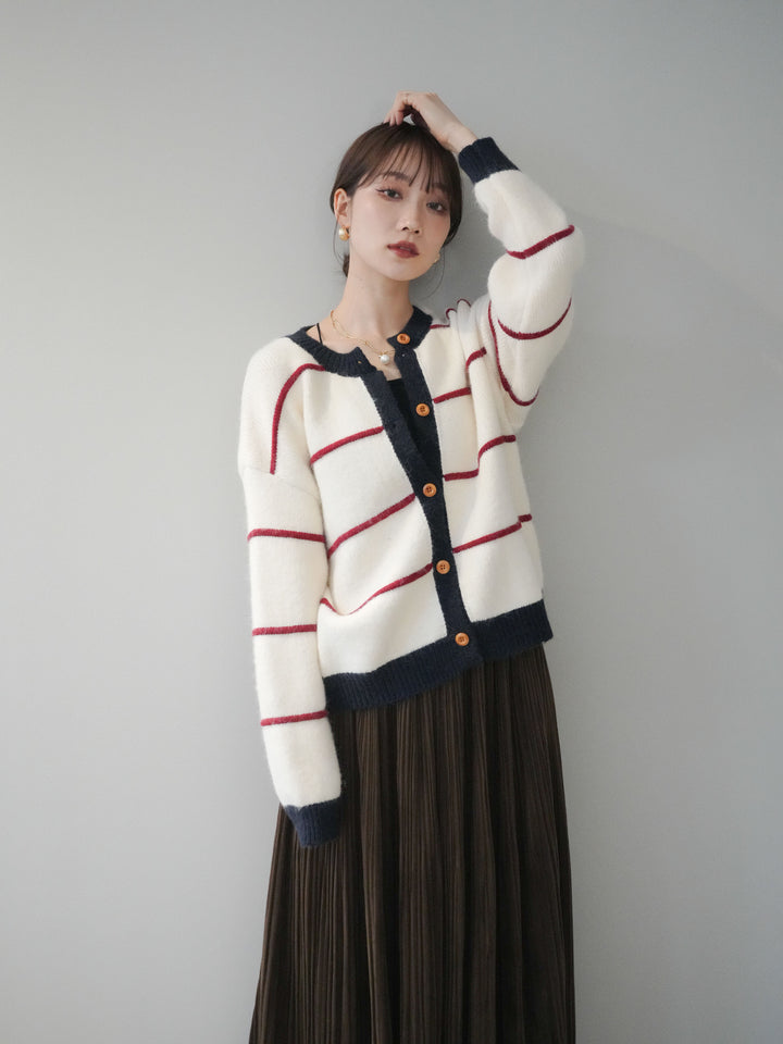 [予約]配色ボーダーニットカーディガン/red