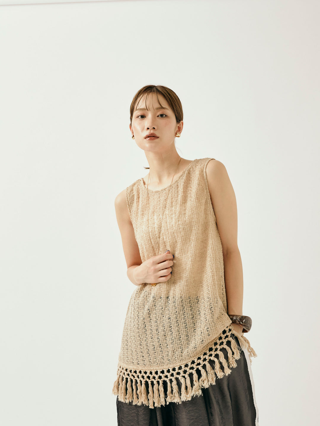 [予約]フリンジ透かし編みニットベスト/ベージュ