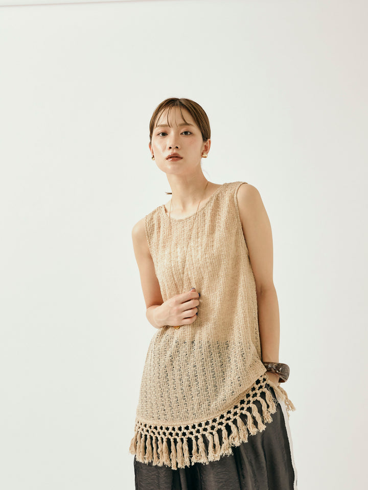 [予約]フリンジ透かし編みニットベスト/ベージュ
