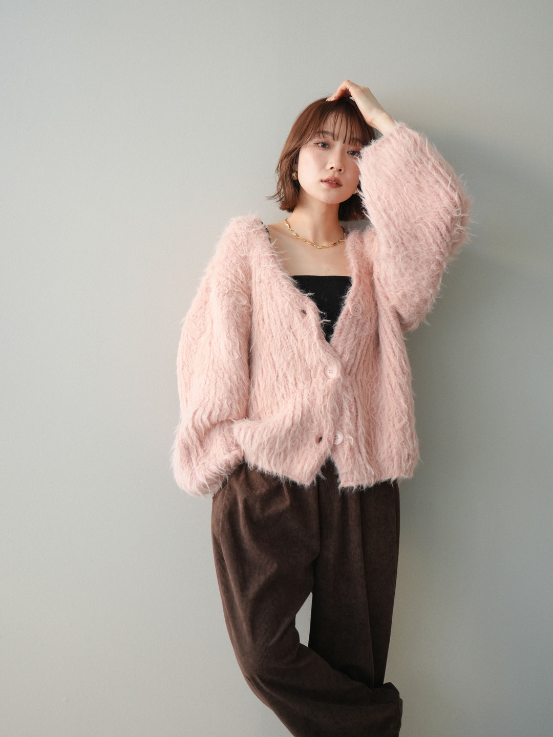 [予約]シャギーオーバーニットカーディガン/pink