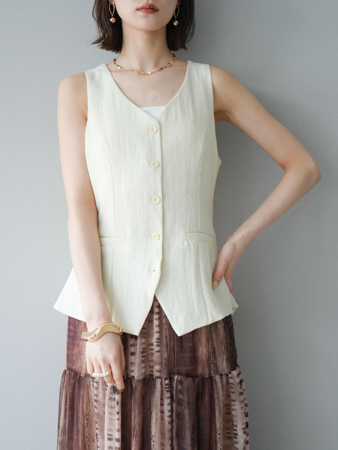 [SET]リネンタッチバックオープンベスト＆ニュアンス柄マキシスカートSET UP(2set)