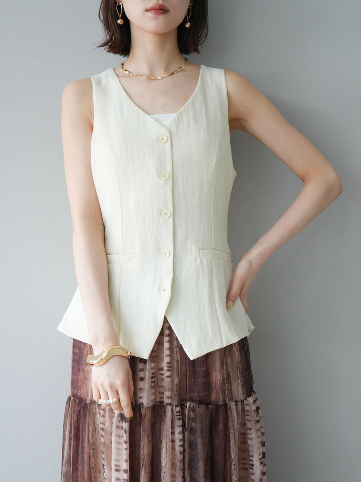 [SET]リネンタッチバックオープンベスト＆ニュアンス柄マキシスカートSET UP(2set)