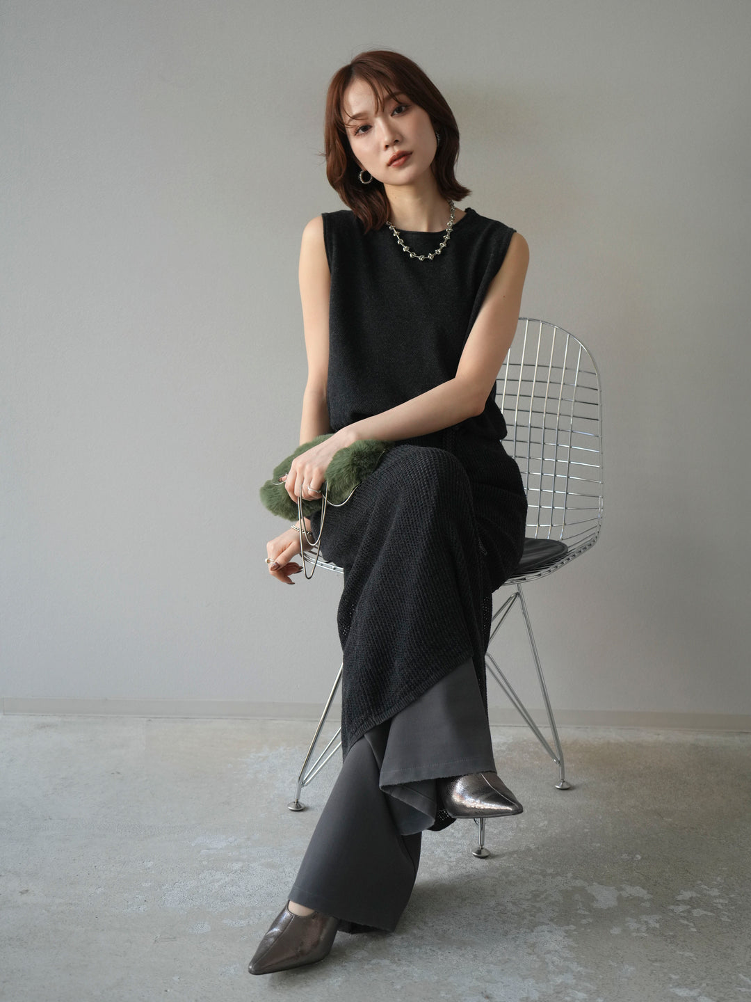 [予約]メッシュ切替ノースリーニットワンピース/darkgray