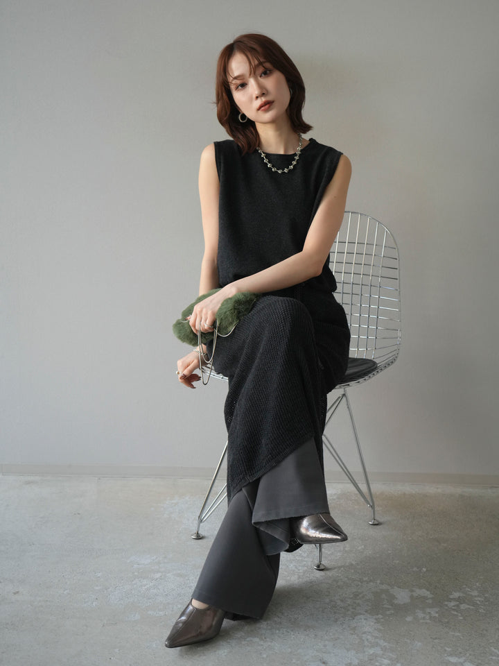 [予約]メッシュ切替ノースリーニットワンピース/darkgray