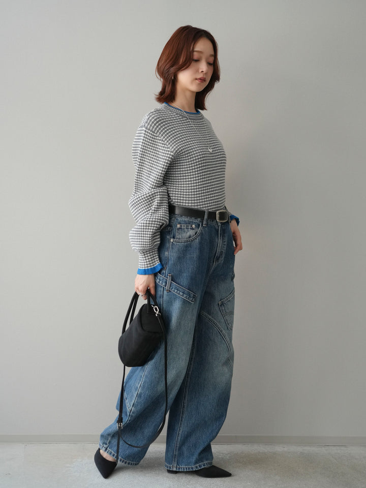 [SET]ラメ異素材ボーダーリブニットプルオーバー+ペインターカーブデニムパンツ(2set)